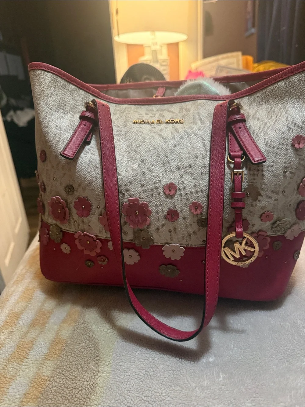 Michael Kors Pink and Beige Floral Applique Tote